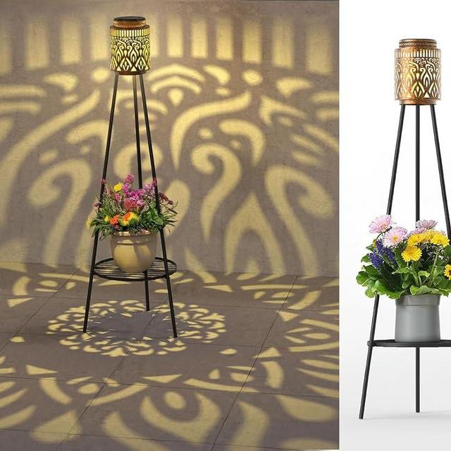 2 Pack Outdoor Solar Lights with Plant Stand Waterproof Metal Solar Powered Lantern Floor Lamps for Patio Porch Yard Backyard Garden Decor, Birthday Gardening Gifts for Women Mom Grandma
