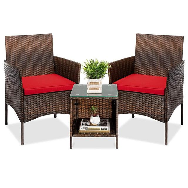 Best Choice Products 3-Piece Outdoor Wicker Conversation Bistro Set, Space Saving Patio Furniture for Yard, Garden w/ 2 Chairs, 2 Cushions, Side Storage Table - Brown/Red