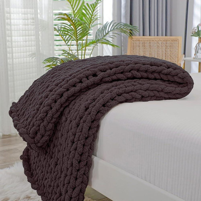 Bigacogo Chunky Knit Throw Blanket for Couch, 40x60 inches, 100% Hand Knitted with Thick Jumbo Chenille Yarn, Cozy Soft Large Rope Knot Cable Crochet Blankets for Sofa Bed Living Room, Chocolate