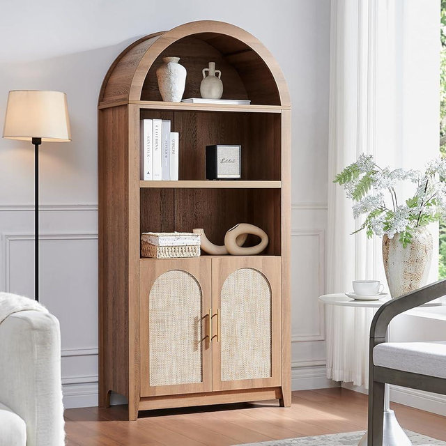 RowyPoey Arched Cabinet Bookshelf Bookcase - 69.3” Tall Mid Century Arched Display Cabinet, Rounded Bookshelf with Rattan Doors, Open Shelf Storage Cabinet for Dining Room (Caramel Oak)
