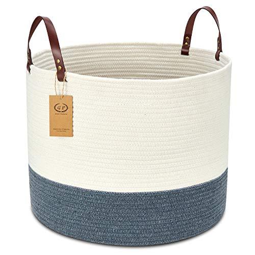 XXL Cotton Woven Rope Basket, 20'' x 15" Blanket Storage Basket with Real Leather Handles, Decorative Laundry Hamper, Toy Bins Holder for Baby Kids Dogs (Off White / Dark Gray / Leather Handles)