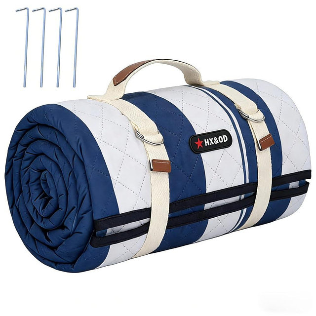 HX&OD Outdoor Picnic Blanket Extra Large, 80''*60'' Waterproof Picnic Mat with Stakes Foldable Camping Blanket Portable with Carry Strap for Beach Mat (Green& White, 80''*60'')