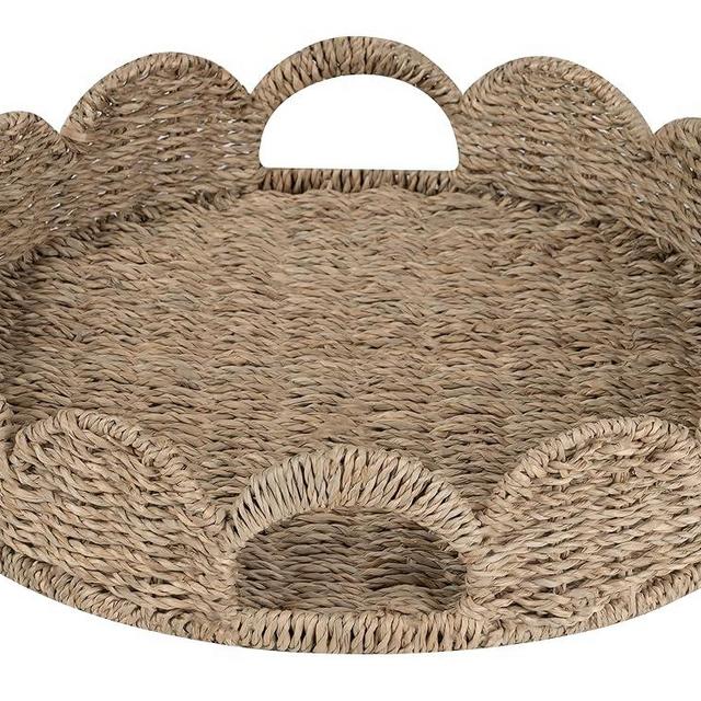 StorageWorks Scalloped Edge Round Tray, Round Serving Tray with Built-in Handles, Decoratve Tray for Coffee Table, Seagrass Rattan Tray