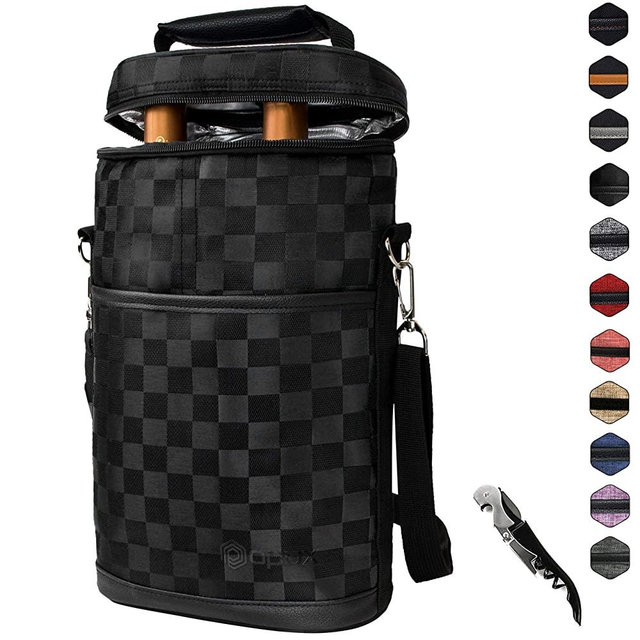 OPUX 2 Bottle Wine Tote Carrier | Insulated Wine Cooler Bag for Travel Picnic BYOB | Portable Wine Carrying Bag, Padded Protection, Shoulder Strap, Corkscrew Opener - Checker Black