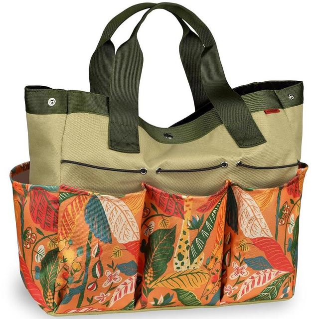 SOGCASE Garden Tool Bag, Gardening Tote Bag with Zippers Pockets, Canvas Garden Tool Storage Bags, (Tools NOT Included), Floral Orange