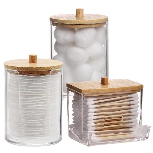 Tbestmax Bathroom Organizer Accessories Set-10 OZ,7 OZ Qtips Holder Storage with Brown Wood Lids, Cotton Ball/Swabs Dispenser, Apothecary Container Jar 3 Pcs