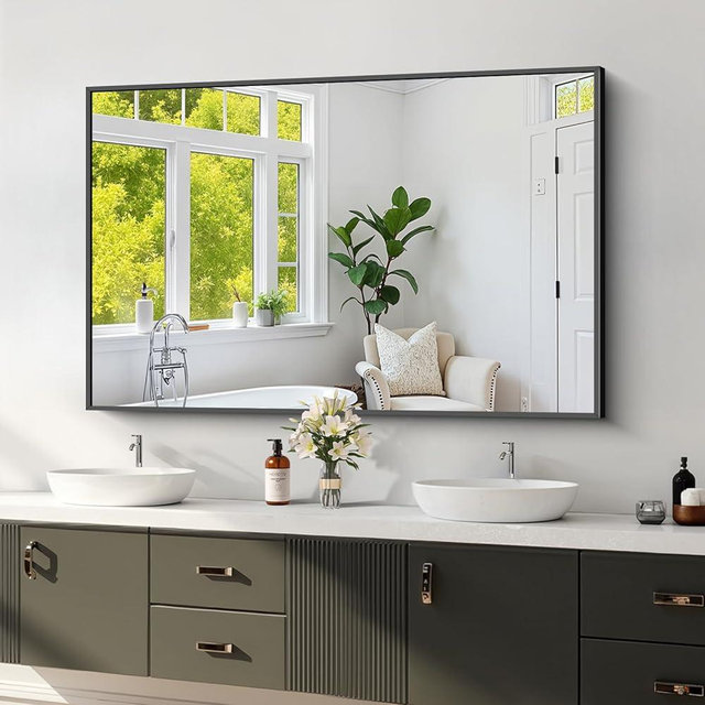 Koonmi Black Framed Bathroom Mirror - Shatterproof 30"x48" Tempered Glass, HD No Distortion, Horizontal/Vertical Mount, Modern Matte Aluminum Alloy Frame