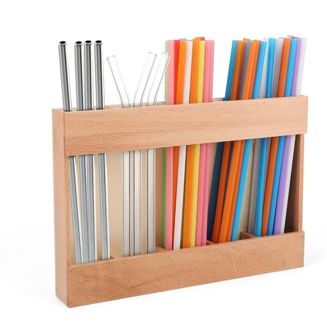 Wooden Reusable Straw Dispenser Organizer | Adhesive No Drill Installation | Eco-Friendly Countertop Storage | Space-Saving Kitchen Cabinet Organizer