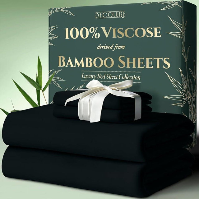 DECOLURE 100% Viscose Derived from Bamboo Sheets Twin Size 4pcs - Ultra Soft & Luxuriously Cooling, 17" Deep Pocket, Double Stitching, Perfect for Hot Sleepers - Twin Bed Sheets (Black)