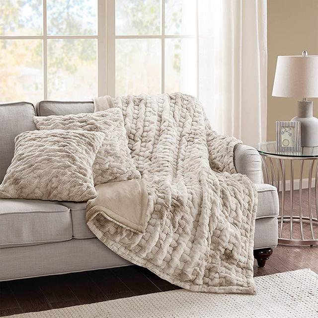 Comfort Spaces Ruched Faux Fur Plush 3 Piece Throw Blanket Set Ultra Soft Fluffy with 2 Square Pillow Covers, 50"x60" Tan