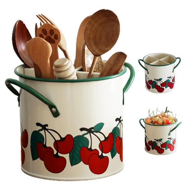 Hibycknl Kitchen Utensil Holder Vintage Cherry Painted Utensil Caddy with Detachable Divider 4 Compartment Iron Utensil Organizer with Drain Hole for Kitchen Accessory for Kitchen