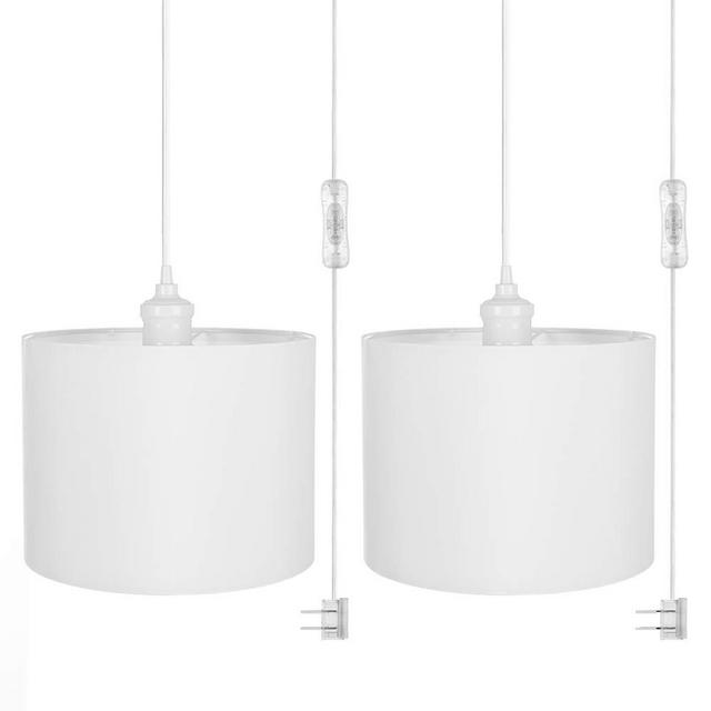 QITIM 2 Pack Plug in Pendant Light Indoor, White Cloth Shade Hanging Light Fixture for Kitchen, Living Room, Dining Table, 15FT Clear Cord with On/Off Switch, E26 Socket