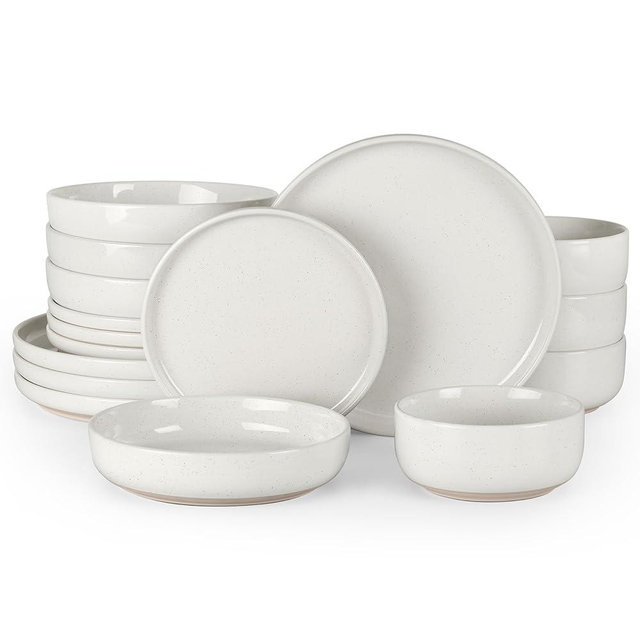 HaWare 16-Piece Plates and Bowls Set for 4, Stoneware Dinnerware Sets with Pasta Bowl, Dishes Set for Home Restaurant, Speckled Milky White