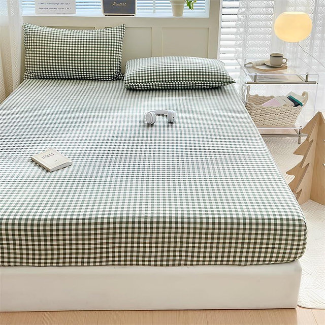 LifeTB Green Gingham Fitted Sheet King 1 Piece Plaid Bedding Sheet Soft 100% Washed Cotton Grid Single Bottom Sheet Green Gingham Bed Sheet Cotton Mattress Cover 15" Deep Pocket Farmhouse Grid Sheet