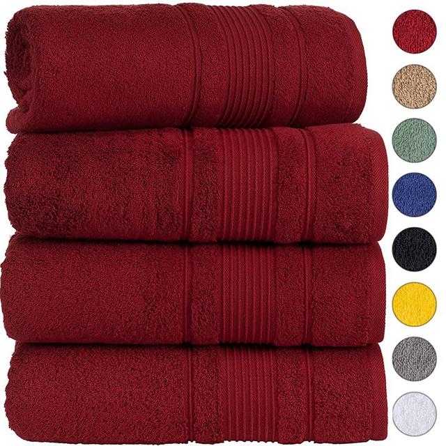 Qute Home 100% Turkish Cotton Bath Towels (27 x 52 inches) 4 Pieces Towel Set, Burgundy