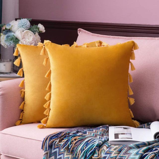 MIULEE Pack of 2 Velvet Soft Decorative Throw Pillow Covers with Tassels Fringe Boho Accent Cushion Case for Couch Sofa Bed 22 x 22 Inch Gold