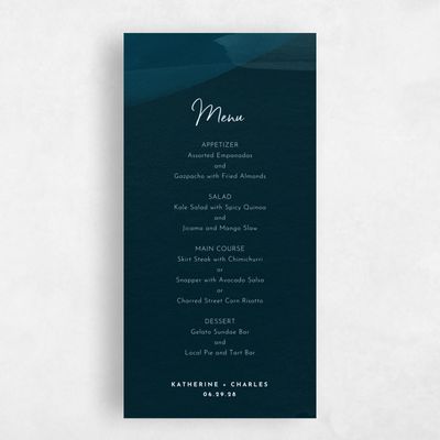 Deep Teal, Blue Wedding Menu - Riverside