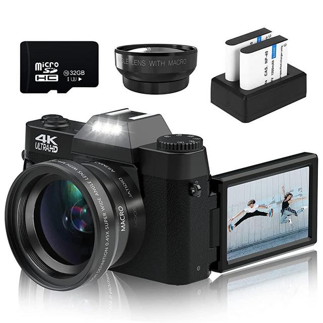 VETEK 4K Digital Camera, 48MP 16X Digital Zoom Flip Screen Autofocus Camcorder for Photography on YouTube, with Wide-Angle Lens and Macro Lens, 32G Micro Card, 2 Batteries (Black)