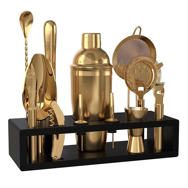 Highball & Chaser Bartender Kit with Espresso Bamboo Stand. Beautiful Cobbler Cocktail Shaker Set with Bar Tools Rustproof Stainless Steel Bar Set (Matte Gold)