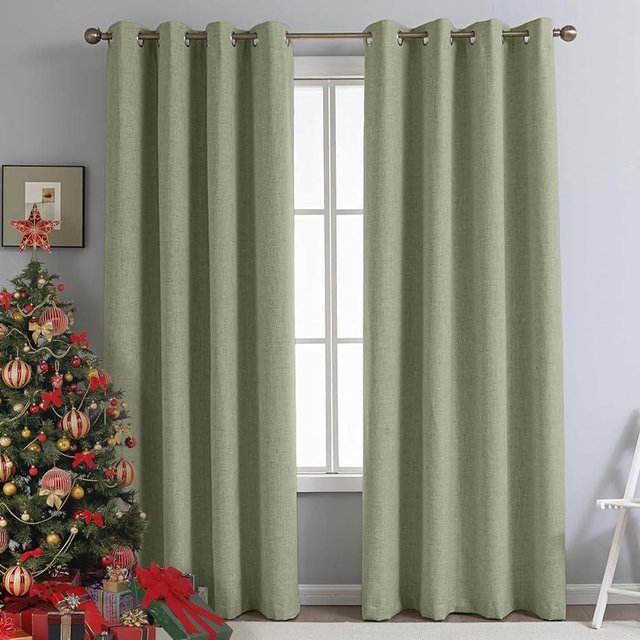 DrapeMaster PFAS Free SageGreen Linen Curtains 63 inch Length 2 Panels Set 100% Blackout Long Drapes for Bedroom Living Room Blackout Darkening Curtain Thermal Insulated (52x63 inch,SageGreen)