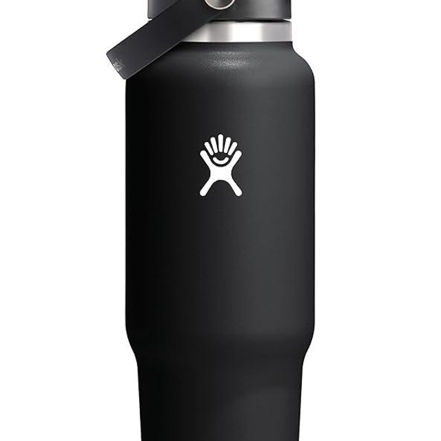 Hydro Flask Travel Water Bottle - Insulated Stainless Steel - Wide Straw Lid, Non Spill, Leakproof in 40 Oz Black