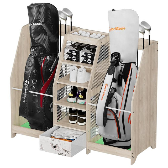 Ponsonbay Golf Bag Storage Organizer for Garage, Premium Wooden 2 Golf Bags Rack with Drawer, Easy Assemble Golf Club Stand/Holder Suitable for Garage Home Simulator and Office
