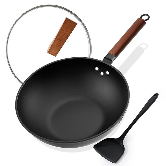 Kordisen Nonstick Wok with Lid, 13 Inch Woks & Stir Fry Pans Nonstick, Carbon Steel Wok for Cooking, Pre-Seasoned Flat Bottom Chinese Wok for Induction, Electric, Gas Stoves