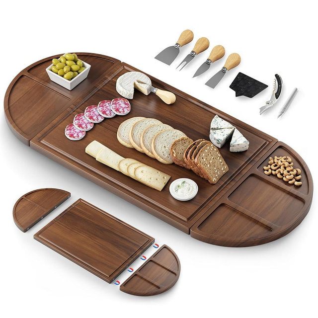 Extra Large Charcuterie Boards, 30'' x 13'' Acacia Cheese Board 3 Part Magnetic Long & Round Boards with Knive Set, Wine Opener & Cheese Marker, Unique Serving Tray for Birthday, Wedding Gift