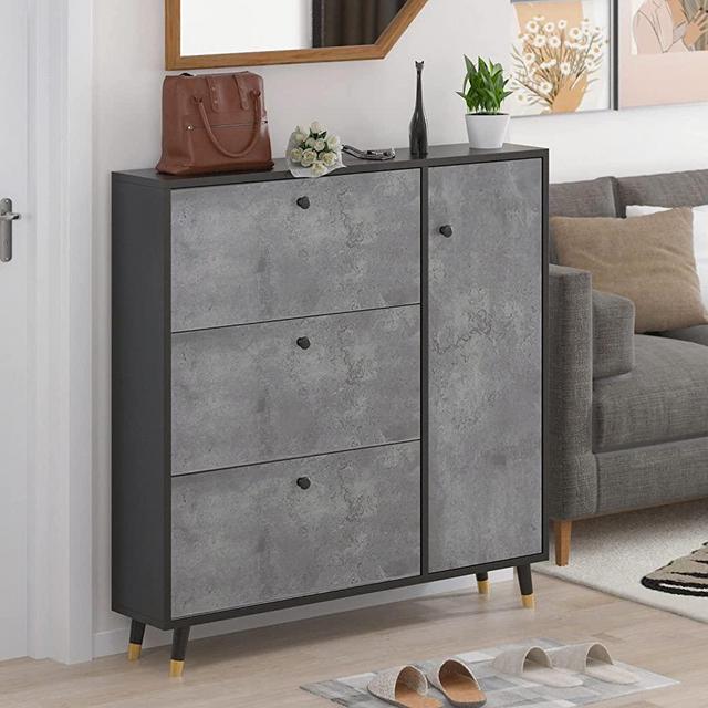 DiDuGo Shoe Cabinet Shoe Storage Organizer with 3 Compartment & Locker, Wood Shoe Storage Cabinet with Wooden Legs, for Entryway Grey (47.2”W x 9.4”D x 47.2”H)