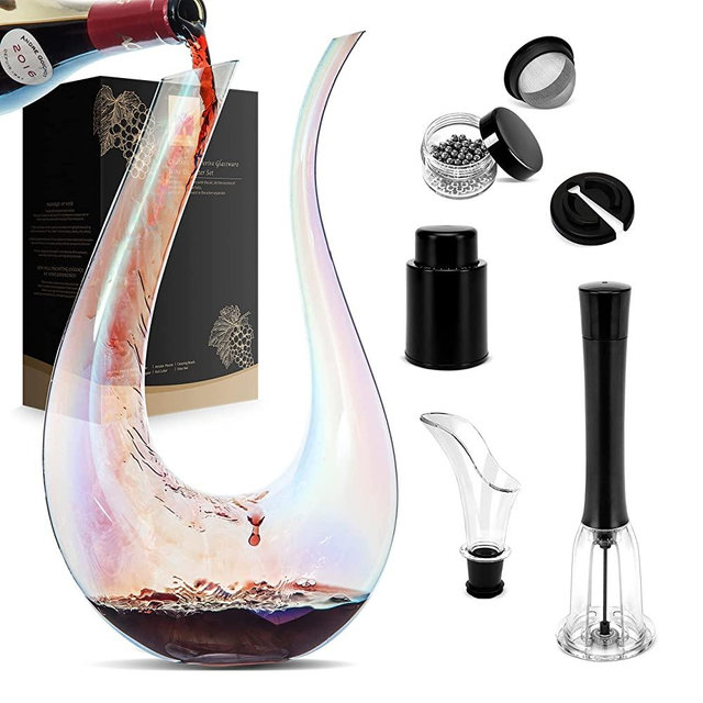 Wine Decanter Set, Red Wine Iridescent Carafe With Bottle Opener, Stopper, Cleaning Beads and Wine Pour, Colorful Wine Aerator Gift Set Wine breather, 100% Lead-free Crystal Glass Wine Accessories