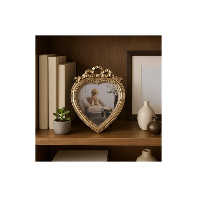 Decorative Heart Photo Frame with Bow Top Detailing - Ornate Frame Perfect for Tabletop, Living Room, Bedroom, Home Decor - 7.25", Gold