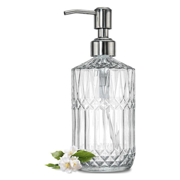 JASAI 18 Oz Embossed Clear Glass Soap Dispenser with Rust Proof Pump, Refillable Dish soap Dispenser for Kitchen, Premium Bathroom Soap Dispenser for Hand soap, Lotion (Clear).