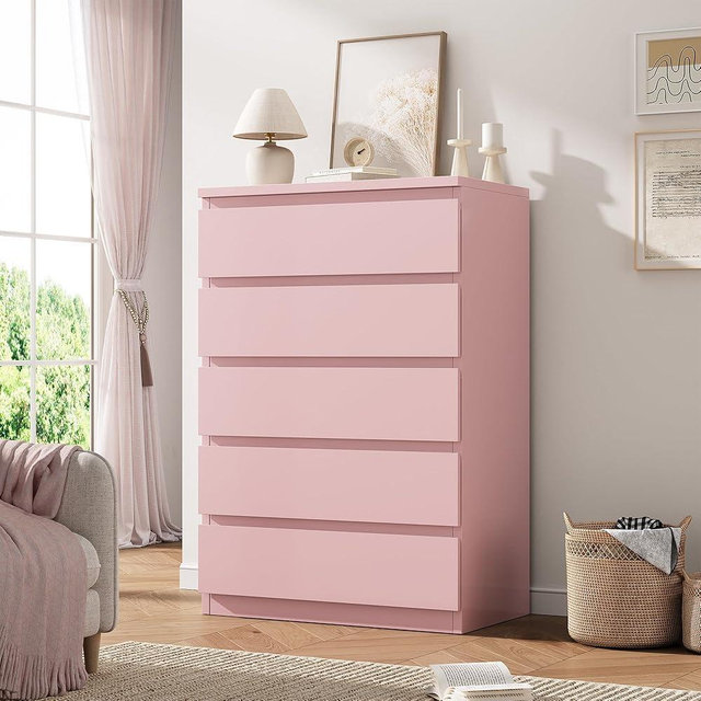 Orgobysol Pink 5 Drawer Dresser for Bedroom, 15" D x 23.7" W x 40.4" H in Modern Chest of Drawers, Wood Storage Dresser with Handleless Drawers for Kids Bedroom, Living Room, Hallway, Entryway