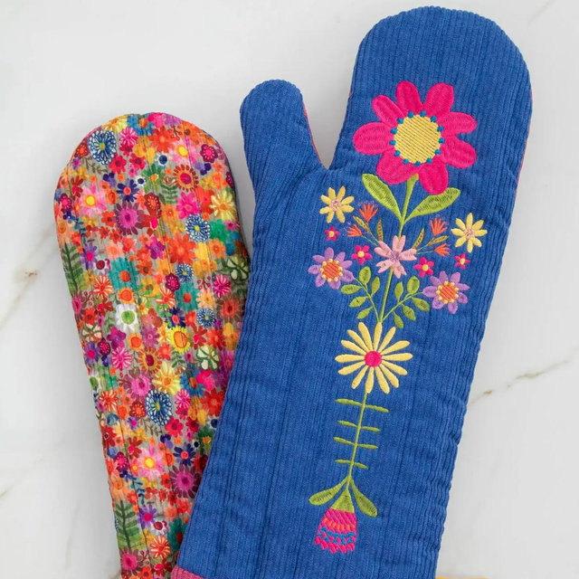 Bake Happy Double-Sided Oven Mitt - Blue Folk Flower Patchwork