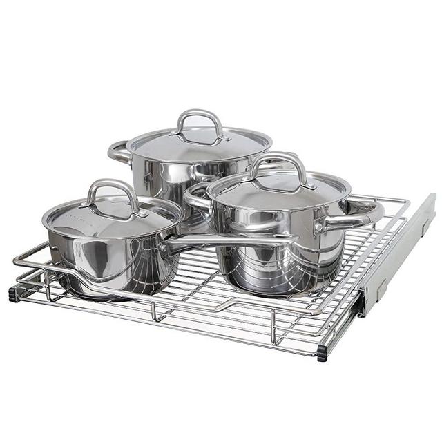 Smart Design 1-Tier Shelf Pull-Out Cabinet Organizer - Large - Roll-Out Extendable Sliding Drawer - Steel Metal - Holds 100 lbs. - Kitchen (18 Inch x 18-35) [Chrome]
