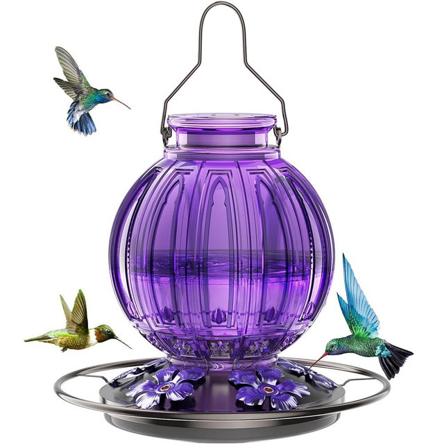 Glass Hummingbird Feeder for Outdoors Hanging, Bird Nectar Feeder with Perch & 5 Flower Feeding Ports, 26 Oz Leak Proof for Outside Garden Decor Backyard, Gifts for Women Mom, Purple