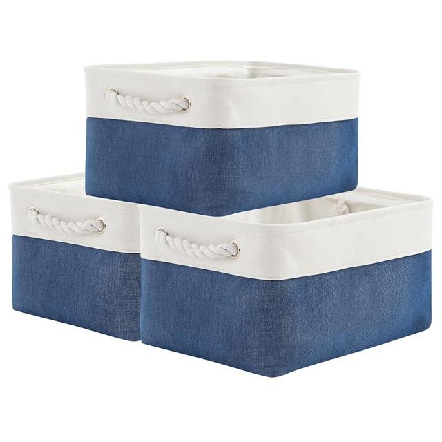 TheWarmHome Storage Basket for Organizing - Medium 3 Pack 14x10x7 inch Fabric Storage Cubes for Shelves with Rope, Collapsible Storage Bin for Organizer Closet Cloth Gift Toy (White & Jean Blue)