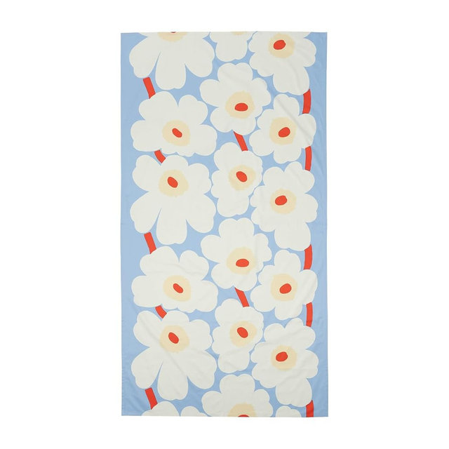 MARIMEKKO Unikko Floral Tablecloth – Scandinavian Cotton Table Cover in Blue, Off White, Melon & Orange Red – Stylish Dining Table Decor for Modern Kitchens (135 x 250 cm)