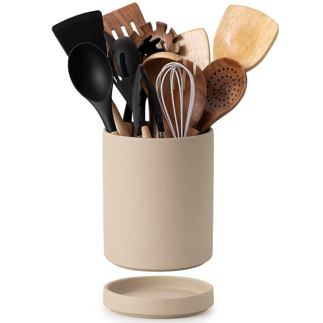CEEFU Utensil Holder, 7.3" Ceramic 2-in-1 Utensil Holder Set with Base for Countertop, Cooking Utensil Crocks for Kitchen Counter, Organizer for Spatulas & Spoons, Farmhouse Decor, Pottery Clay