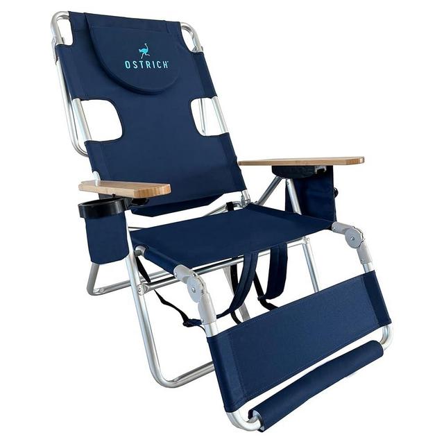 Ostrich Woody 3N1 Beach Chair with Cooler Bag - Face Opening - Portable, Reclining Lounger for Tanning - Face Hole for Reading on Stomach - Adjustable Footrest, Carry Straps - Aluminum (Navy Blue)