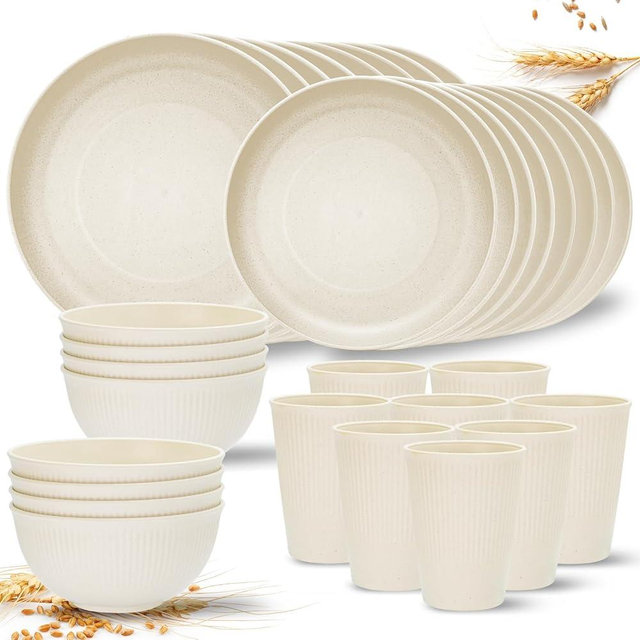 Wheat Straw Dinnerware Sets for 8, Osonm 32PCS Unbreakable Reusable Plastic Dinner Plates Dessert Plates Bowls Cups Set, Dishwasher Microwave Safe Dishes Set for Camping, RV, Kitchen, Dorm (Beige)