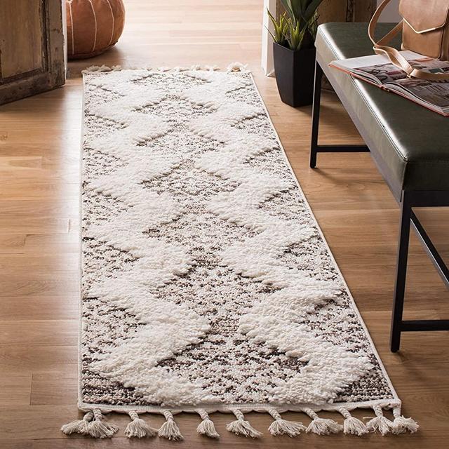 SAFAVIEH Moroccan Tassel Shag Collection MTS652A Boho Non-Shedding Living Room Bedroom Dining Room Entryway Plush 2-inch Thick Runner, 2'3" x 8' , Ivory / Brown
