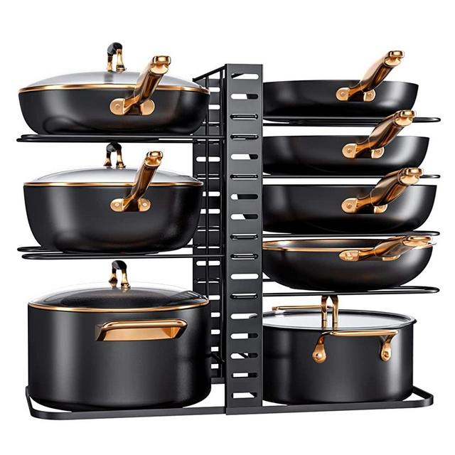 MUDEELA Pots and Pans Organizer : Rack for Cabinet, 8-Tier Pan Organizer Rack for Cabinet, Kitchen Organization & Storage, Adjustable Pot Organizer Rack for under Cabinet with 3 DIY Methods