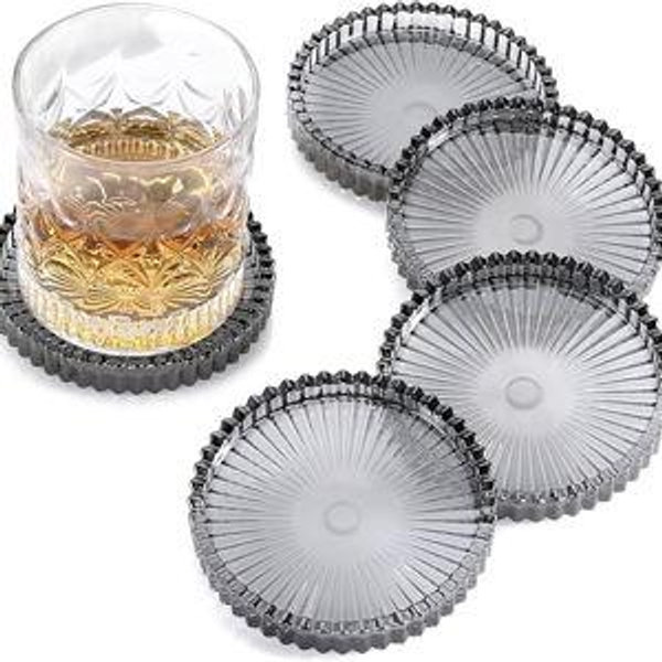 Modern Clear Coaster Set of 5- Glass Coasters for Drinks Crystal Coasters Round Cup Coasters Coffee Table Decor for Office, Kitchen, Bar, Dining Room, Living Room, Patio (Clear Black)