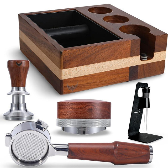 KNODOS Breville Espresso Machine Accessories Set 54mm Bottomless Portafilter, Spring Tamper 54mm, Distribution Tool, Knockbox with Tamper Station, and WDT Espresso Tool Stirrer Set