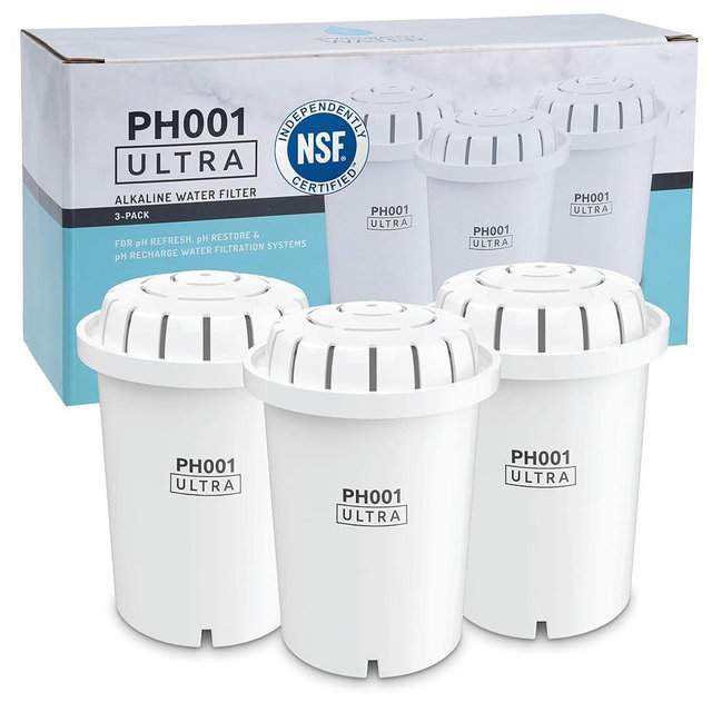 PH001 Ultra - NSF Certified Alkaline Water Filter – Replacement Filters for Invigorated Water Pitcher Systems – BPA-Free, Removes Chlorine, Heavy Metals – 96 Gallons/Filter (White, 3-Pack)