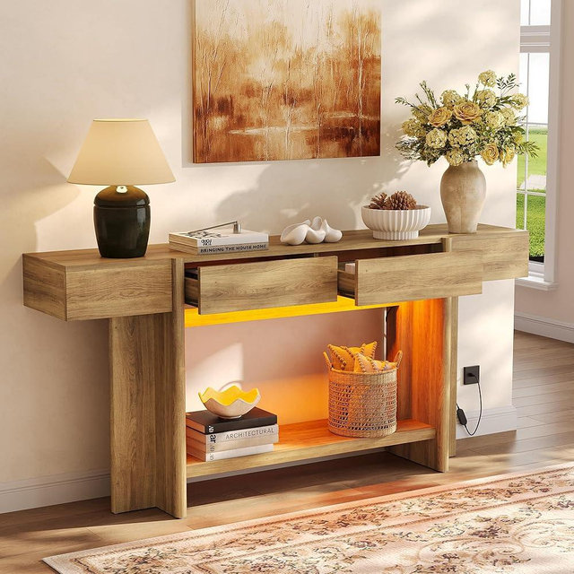 Einhomn 70.8" Long Console Table, 2 Drawer Entryway Table with Colorful LED Lights, Farmhouse Entry Way Table with Open Storage, Narrow Long Sofa Table for Entrance, Living Room, Hallway, Nut Brown