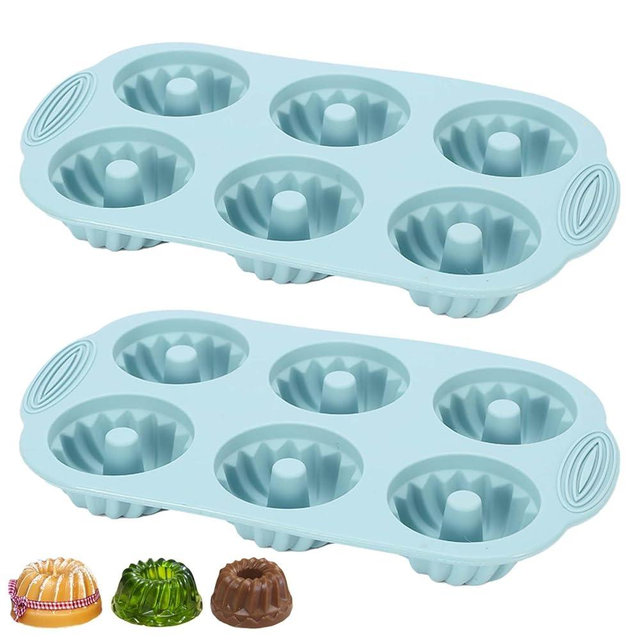 LGQUK Mini Bundt Cake Pan 2pcs Silicone Fluted Tube Cake Pans, 6Cavity Heritage Bundtlette Cake Silicone Mold for Baking Non Stick Fancy Molds (Blue)
