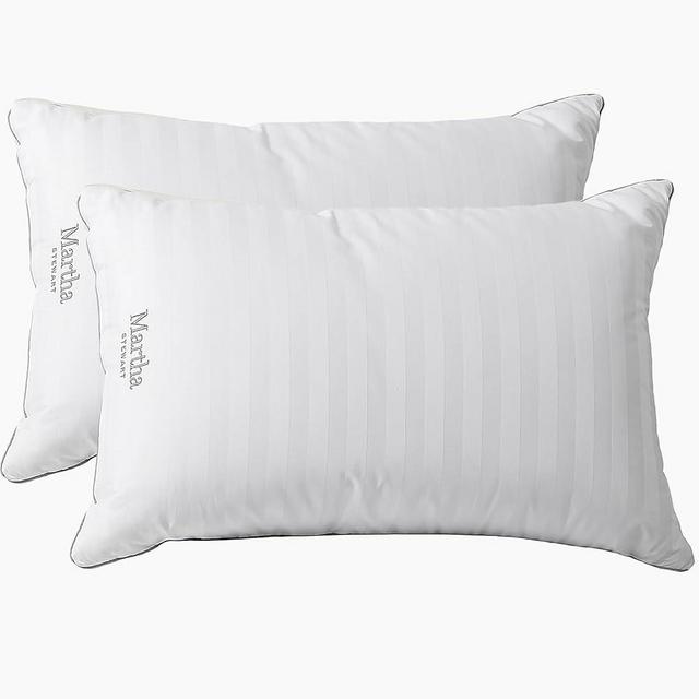 MARTHA STEWART Hotel Collection Medium Soft Feather Down Pillows 100% Cotton 500 Thread Count Damask Stripe Embroidered, King Size Set of 2, White 2
