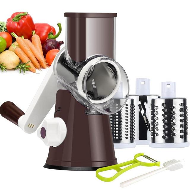 Ourokhome Rotary Cheese Grater Shredder - 3 Drum Blades Manual Speed Round Food Slicer Nut Grinder with Strong Suction Base for Cheese, Vegetable, Walnut, Chocolate, Potato, Carrot, Coffee